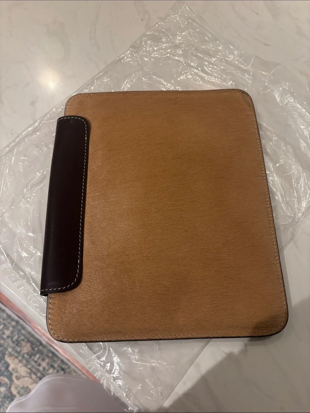 Two-Tone Leather Calf Hair Portfolio Case in Tan and Dark Brown